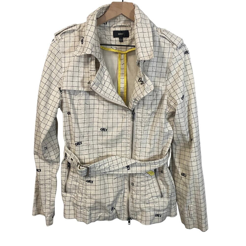 OBEY Cream Grid Pattern Splatter Jacket Belted Accents Full Zip Closure Sz L